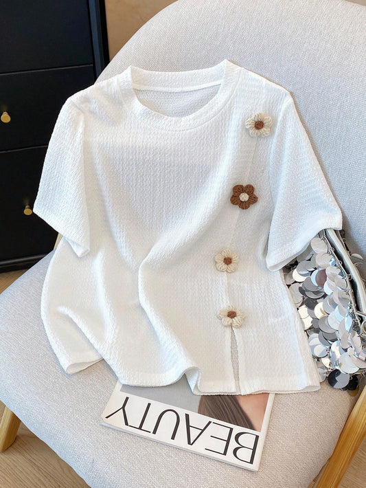 Franclia Women's Floral 3D Design Short Sleeve Knit T-Shirt, Casual & For Spring/Summer