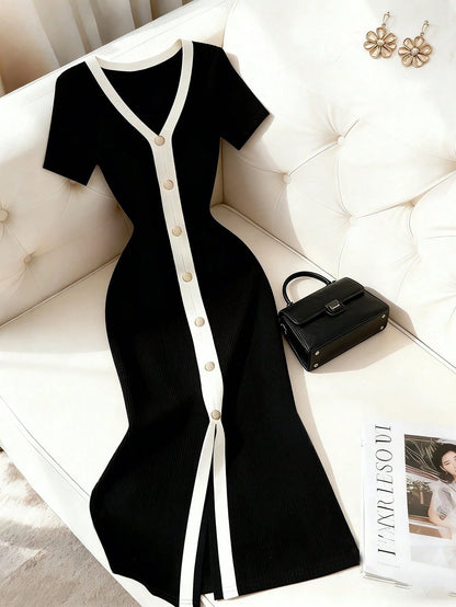 Franclia Women's French Style Color Block V-Neck Trim Vertical Striped Button Front Slit Hem Casual,Work Dress,Black,Summer,Elegant,Slim Tuxedo Dress