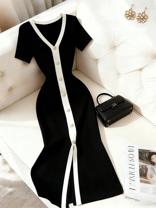 Franclia Women's French Style Color Block V-Neck Trim Vertical Striped Button Front Slit Hem Casual,Work Dress,Black,Summer,Elegant,Slim Tuxedo Dress