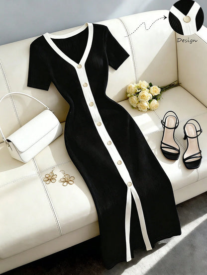 Franclia Women's French Style Color Block V-Neck Trim Vertical Striped Button Front Slit Hem Casual,Work Dress,Black,Summer,Elegant,Slim Tuxedo Dress