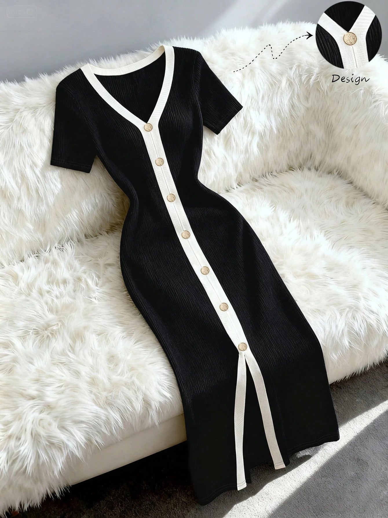 Franclia Women's French Style Color Block V-Neck Trim Vertical Striped Button Front Slit Hem Casual,Work Dress,Black,Summer,Elegant,Slim Tuxedo Dress
