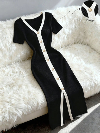 Franclia Women's French Style Color Block V-Neck Trim Vertical Striped Button Front Slit Hem Casual,Work Dress,Black,Summer,Elegant,Slim Tuxedo Dress