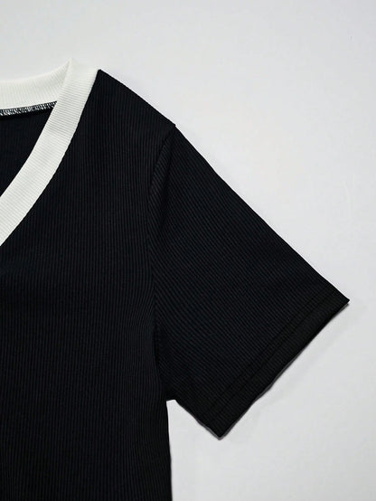 Franclia Women's French Style Color Block V-Neck Trim Vertical Striped Button Front Slit Hem Casual,Work Dress,Black,Summer,Elegant,Slim Tuxedo Dress