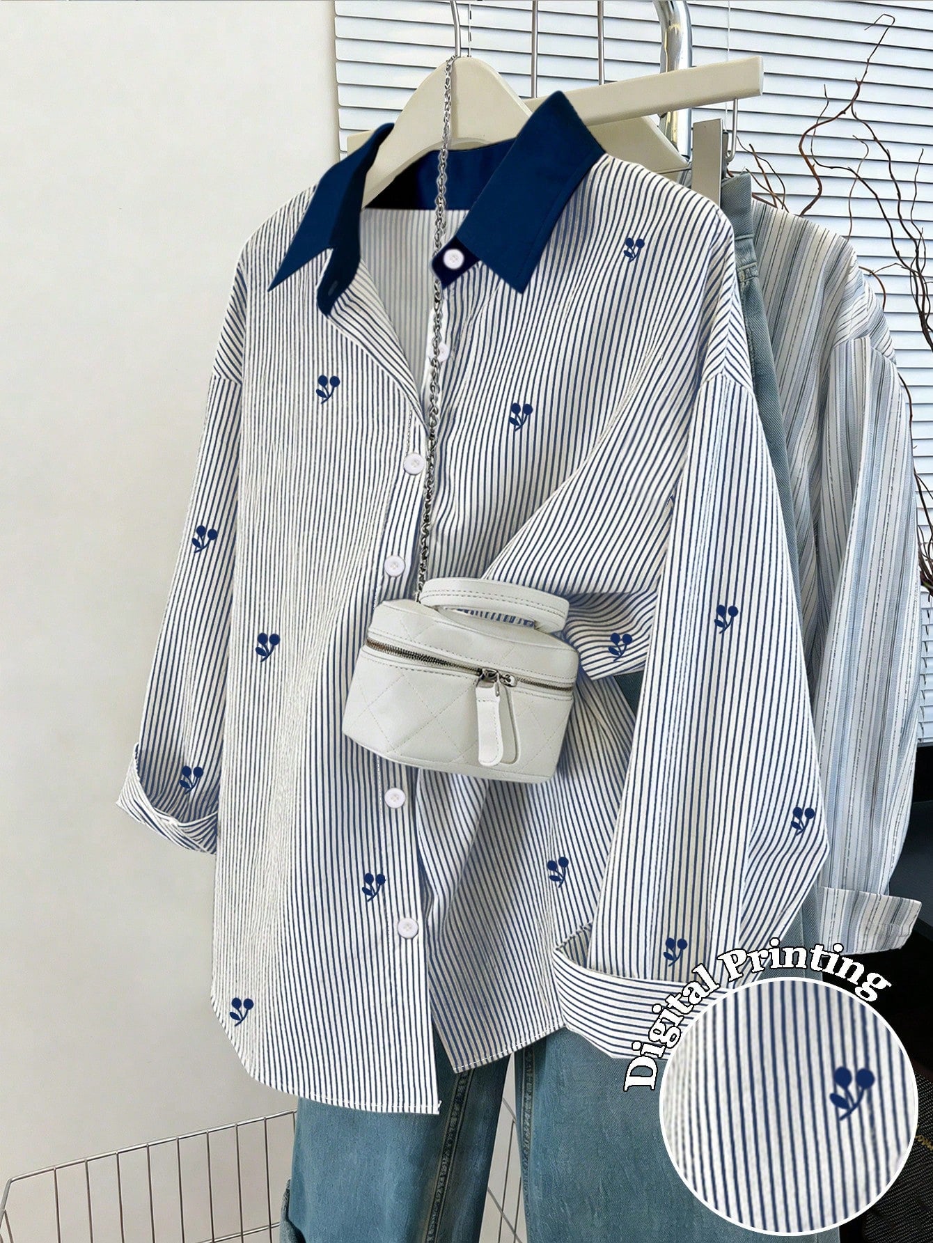 Franclia Women's Loose Casual Striped Button-Front Long Sleeve Shirt