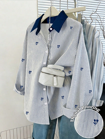 Franclia Women's Loose Casual Striped Button-Front Long Sleeve Shirt