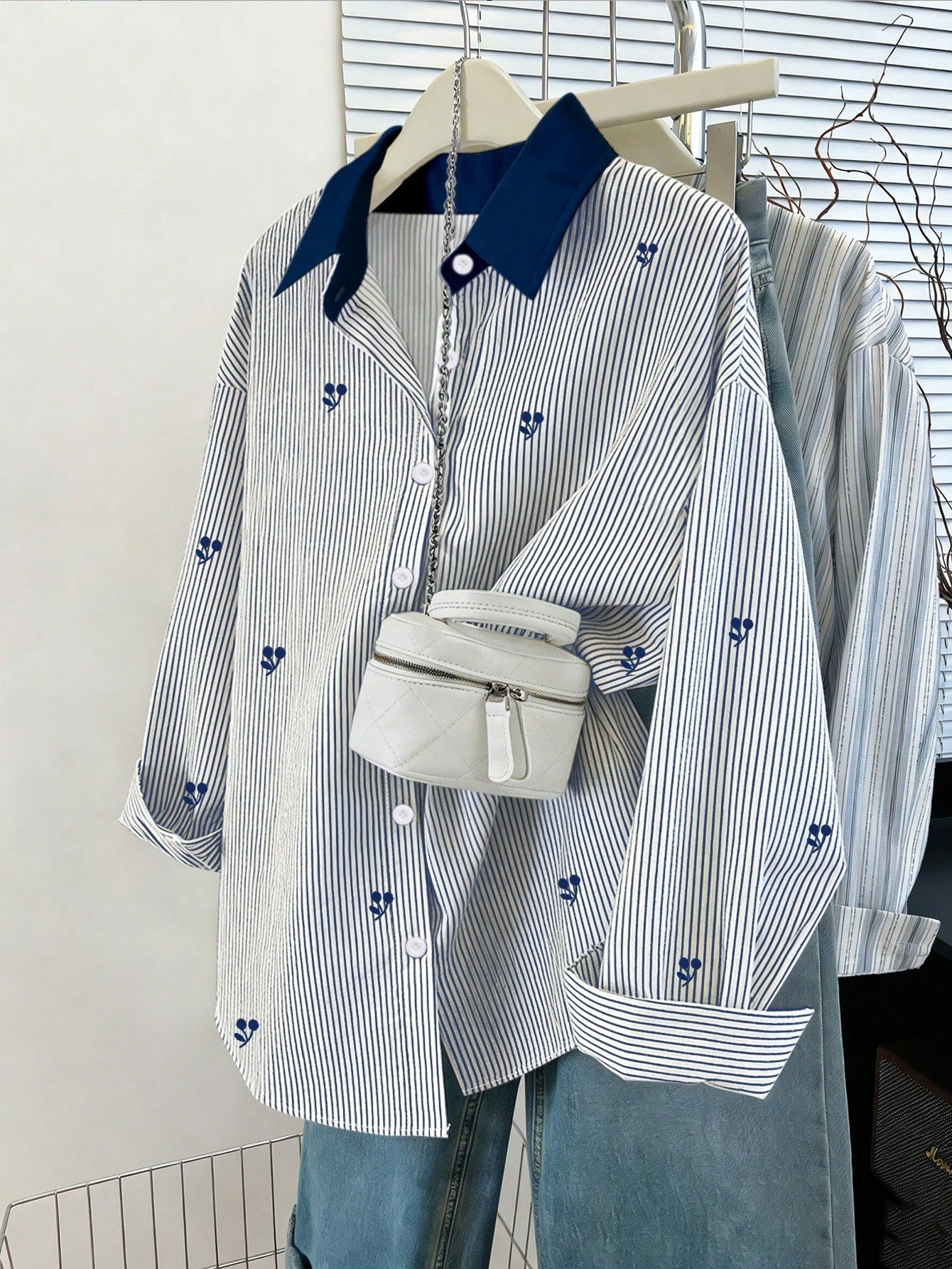 Franclia Women's Loose Casual Striped Button-Front Long Sleeve Shirt