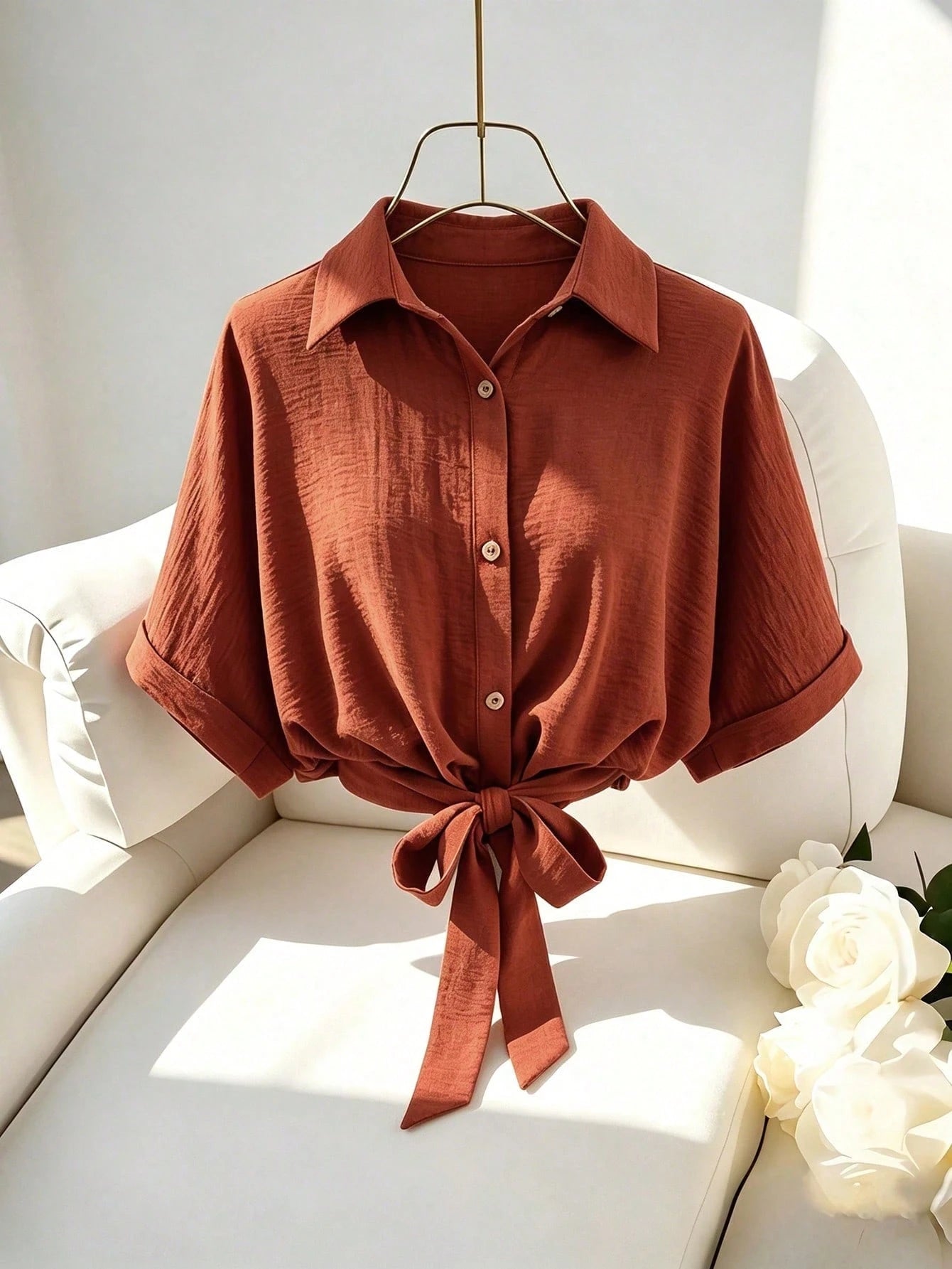 Franclia Women's Loose Fit Blouse, Drop-Shoulder Short Shirt With Waist Tie, Summer