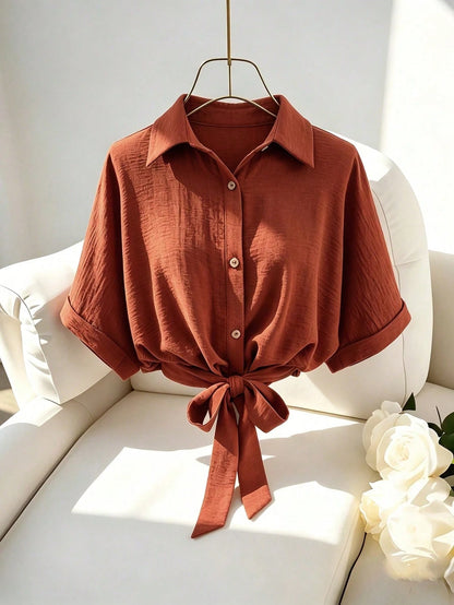 Franclia Women's Loose Fit Blouse, Drop-Shoulder Short Shirt With Waist Tie, Summer