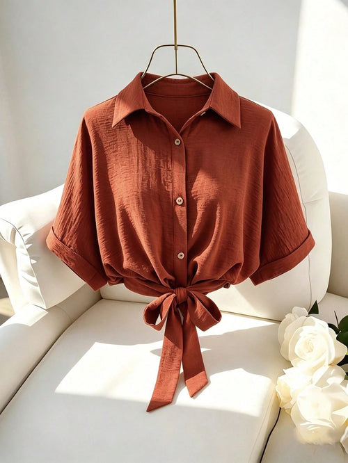 Franclia Women's Loose Fit Blouse, Drop-Shoulder Short Shirt With Waist Tie, Summer