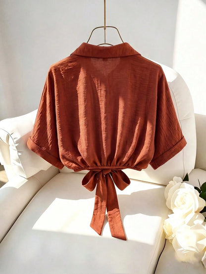 Franclia Women's Loose Fit Blouse, Drop-Shoulder Short Shirt With Waist Tie, Summer
