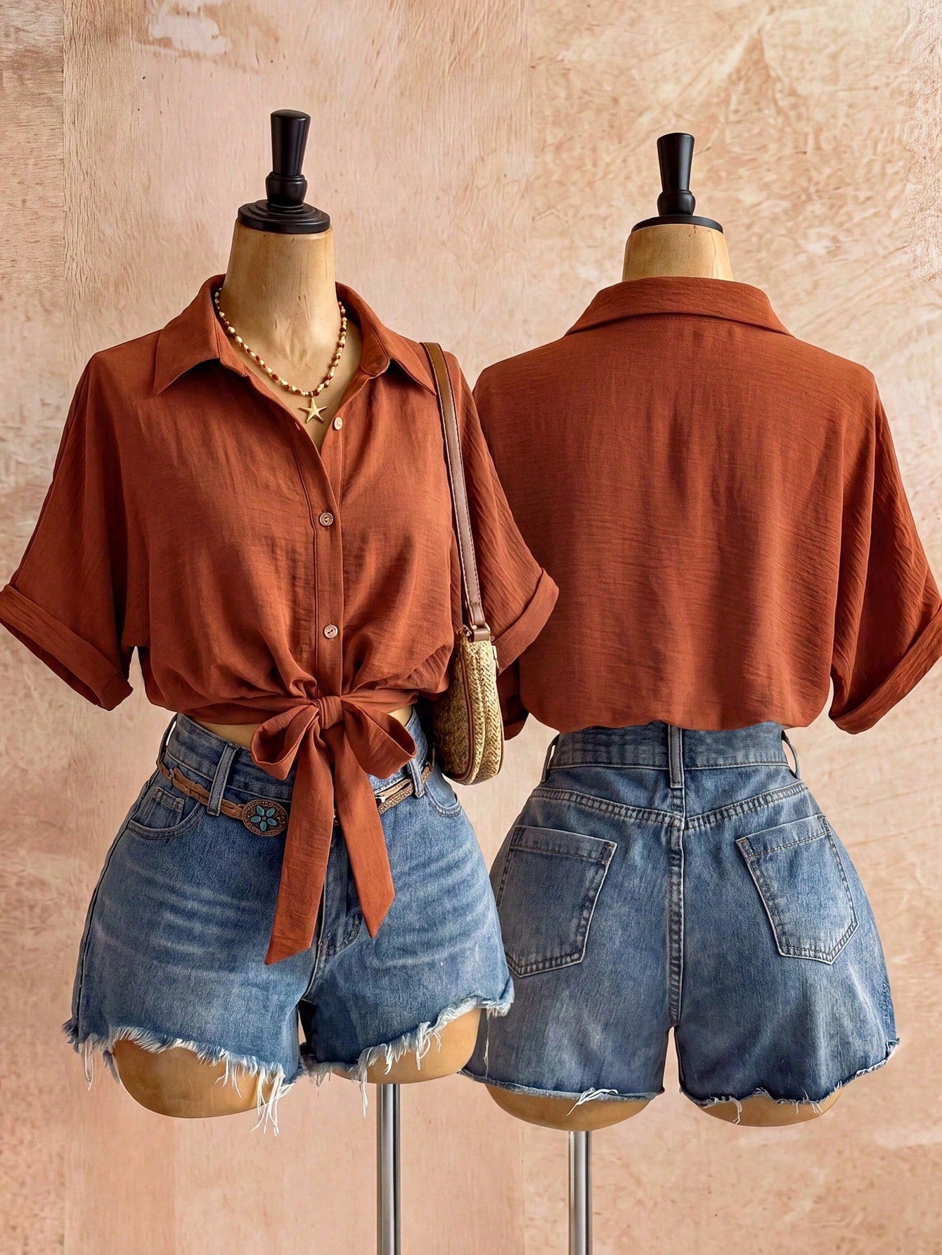 Franclia Women's Loose Fit Blouse, Drop-Shoulder Short Shirt With Waist Tie, Summer