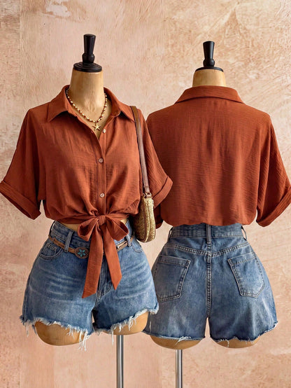 Franclia Women's Loose Fit Blouse, Drop-Shoulder Short Shirt With Waist Tie, Summer