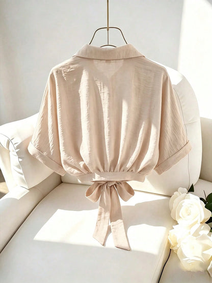 Franclia Women's Loose Fit Blouse, Drop-Shoulder Short Shirt With Waist Tie, Summer