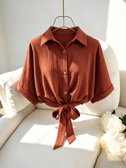 Franclia Women's Loose Fit Blouse, Drop-Shoulder Short Shirt With Waist Tie, Summer