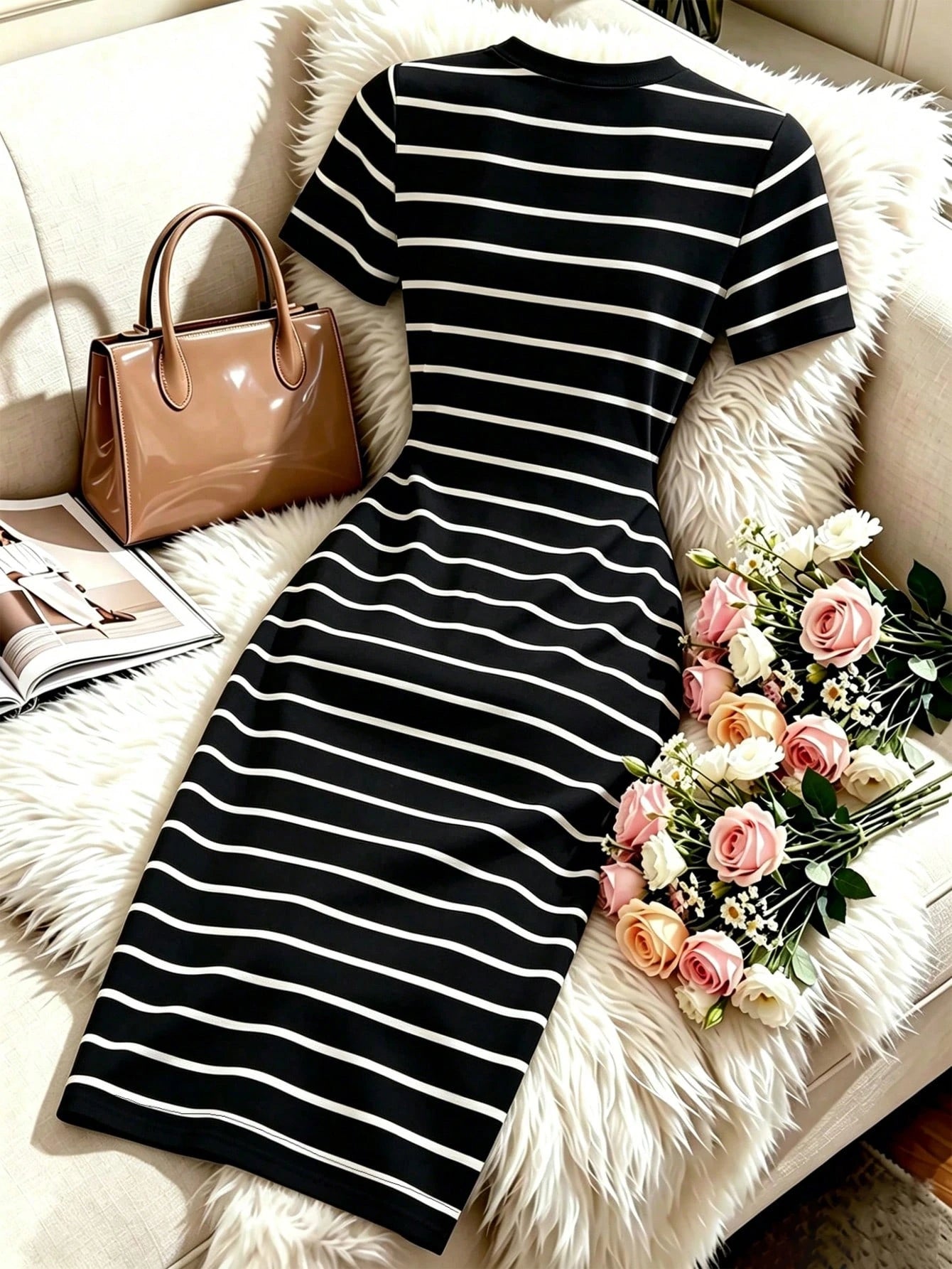 Franclia Women's New Black & White Striped Round Neck Short Sleeve Bodycon Waist-Cinched Slimming Mid-Length Knit Dress