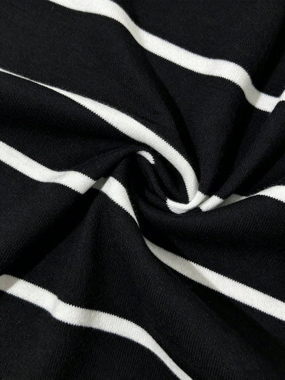Franclia Women's New Black & White Striped Round Neck Short Sleeve Bodycon Waist-Cinched Slimming Mid-Length Knit Dress