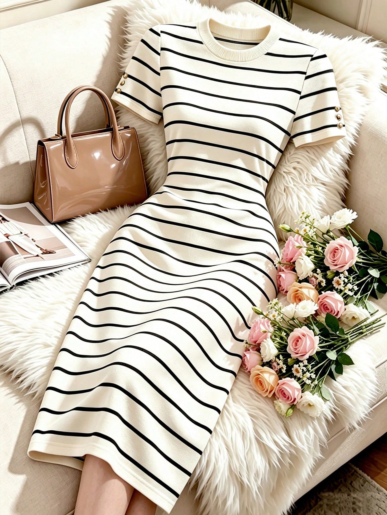 Franclia Women's New Black & White Striped Round Neck Short Sleeve Bodycon Waist-Cinched Slimming Mid-Length Knit Dress