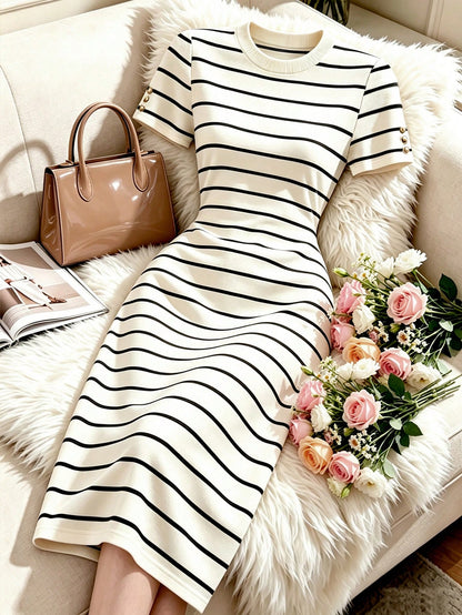 Franclia Women's New Black & White Striped Round Neck Short Sleeve Bodycon Waist-Cinched Slimming Mid-Length Knit Dress
