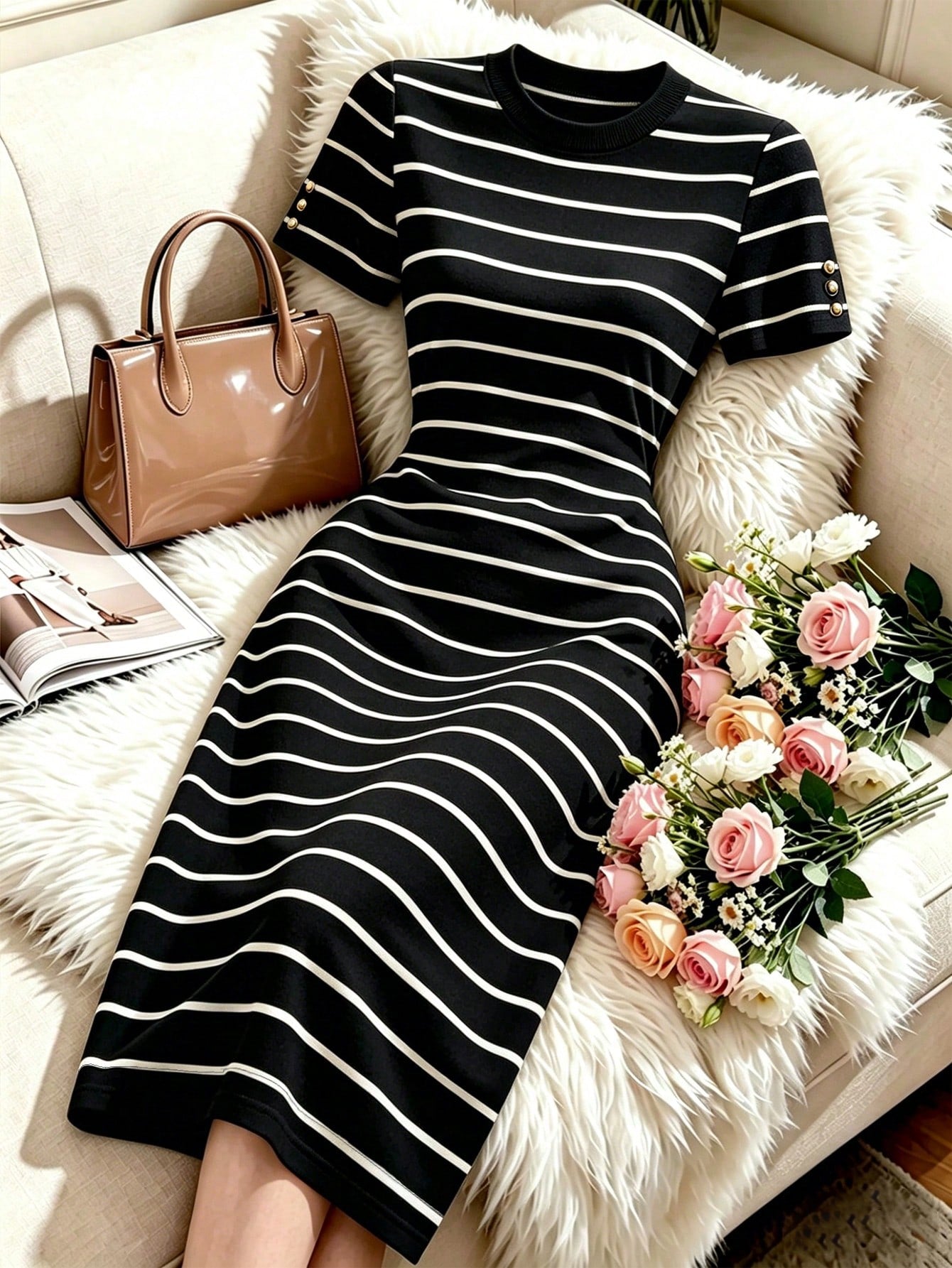 Franclia Women's New Black & White Striped Round Neck Short Sleeve Bodycon Waist-Cinched Slimming Mid-Length Knit Dress