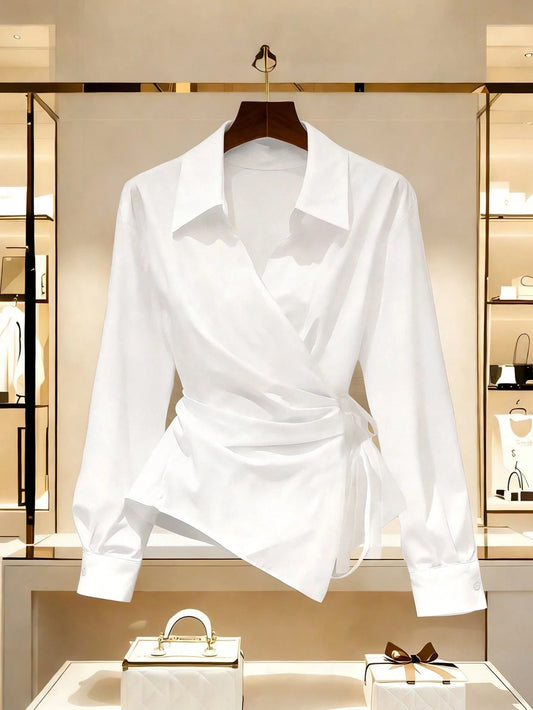 Franclia Women's Plain White Long Sleeve Wrap Blouse Regular Fit Elegant Collar Top With Asymmetrical Hem