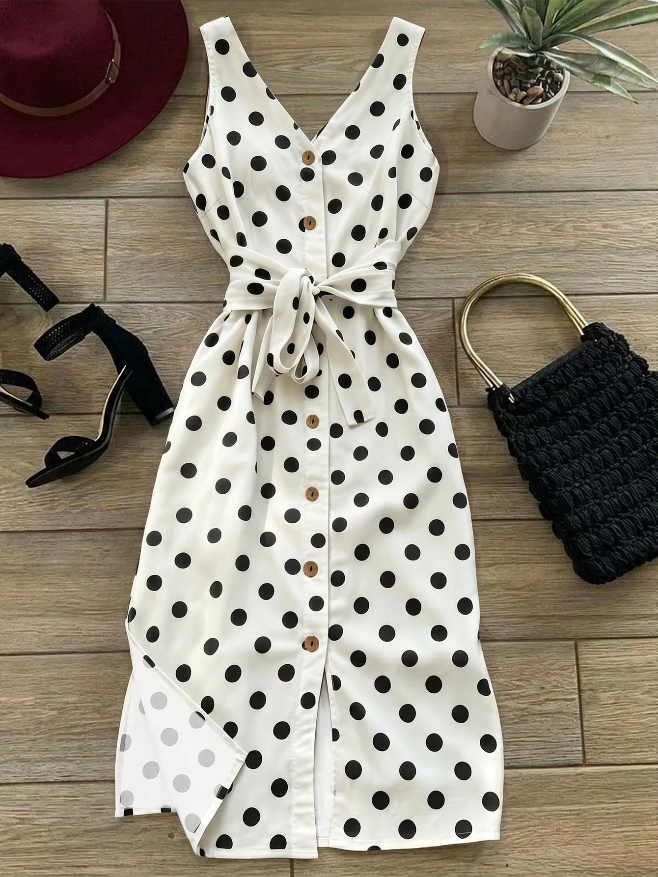 Franclia Women's Polka Dot Print V-Neck Single Breasted Thick Strap Waist-Defining Dress