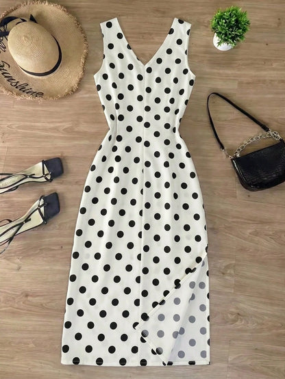 Franclia Women's Polka Dot Print V-Neck Single Breasted Thick Strap Waist-Defining Dress