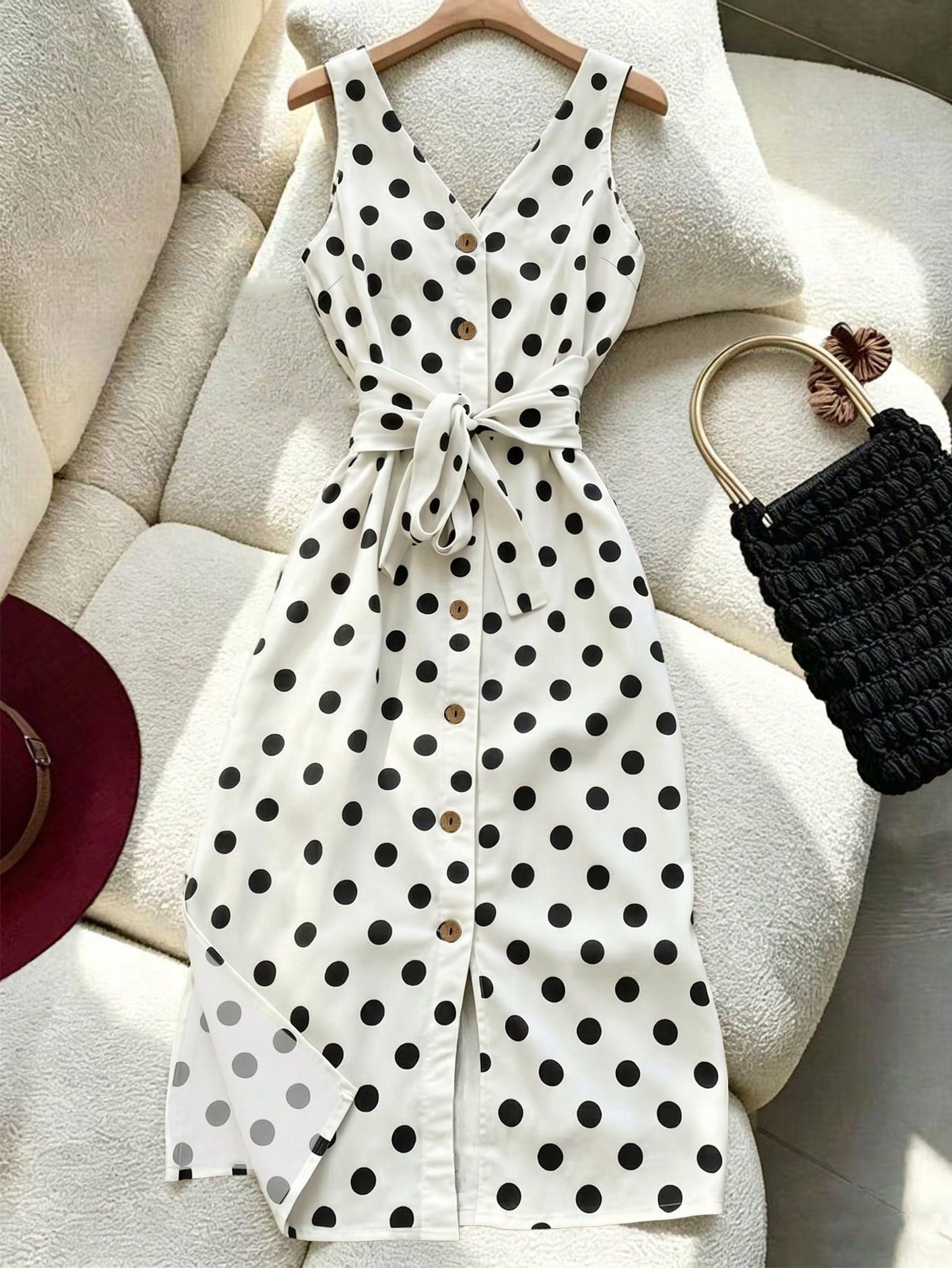 Franclia Women's Polka Dot Print V-Neck Single Breasted Thick Strap Waist-Defining Dress
