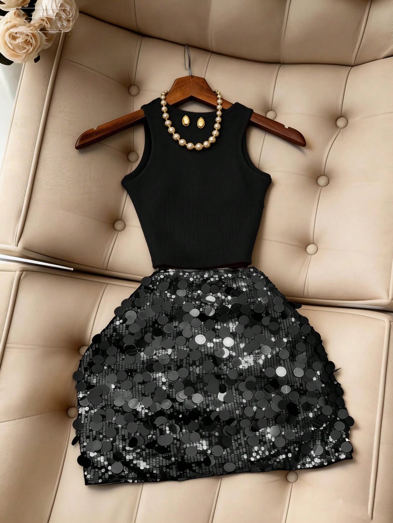 Franclia Women's Round Neck Sleeveless Sequin Sexy Elegant 2 Pieces Set, Summer