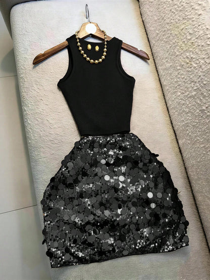 Franclia Women's Round Neck Sleeveless Sequin Sexy Elegant 2 Pieces Set, Summer