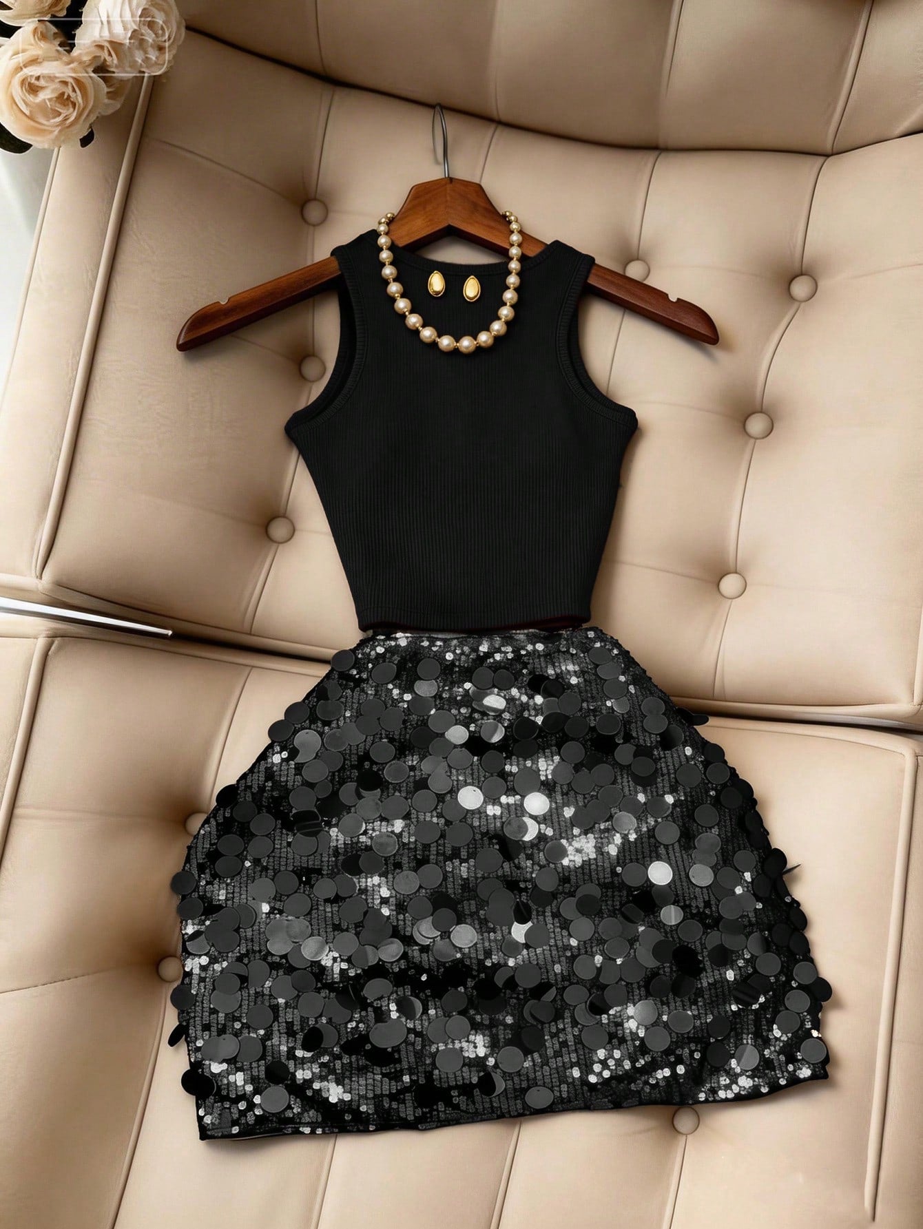 Franclia Women's Round Neck Sleeveless Sequin Sexy Elegant 2 Pieces Set, Summer