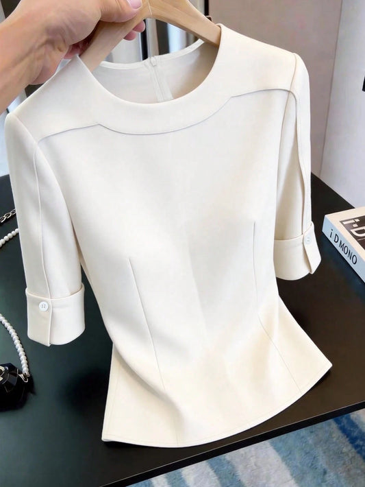 Franclia Women's Solid Color Round Neck Casual Versatile Daily Outing Shirt