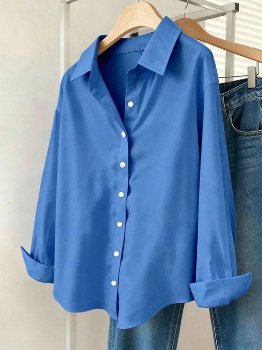 Franclia Women's Solid Color Single-Breasted Long Sleeve Asymmetrical Hem Back Pleated Shirt Office Aqua Blue Autumn Casual
