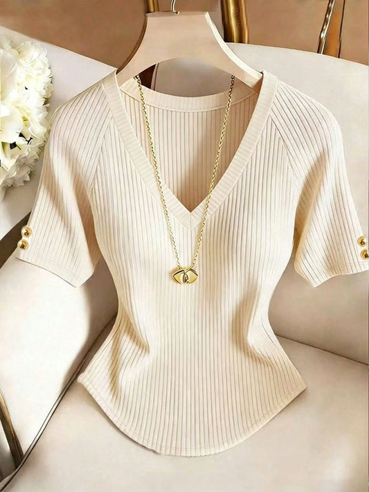 Franclia Women's Solid Color V-Neck Raglan Sleeve Casual Summer Ribbed T-Shirt