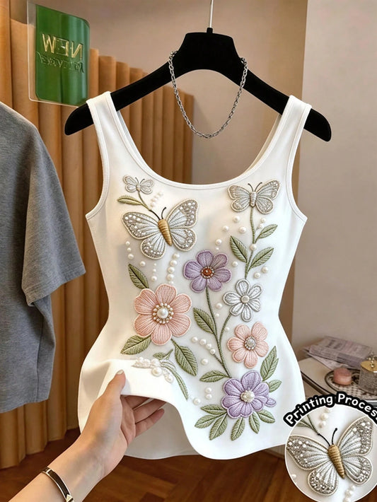 Franclia Women's Spring/Summer French Gentle Style Elegant Butterfly Floral Print Fitted Tank Top Basic U-Neck Sleeveless Design Brunch Tea Party White Floral