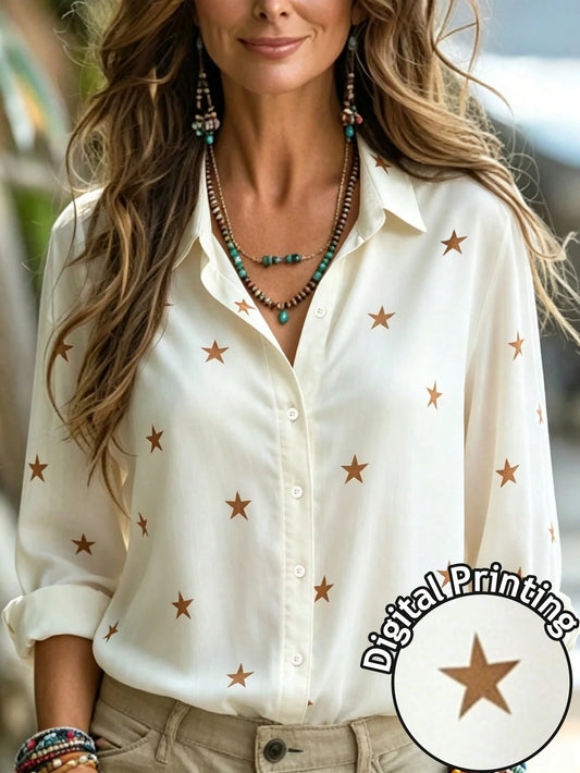 Franclia Women's Star Print Front Button Casual Long Sleeve Shirt
