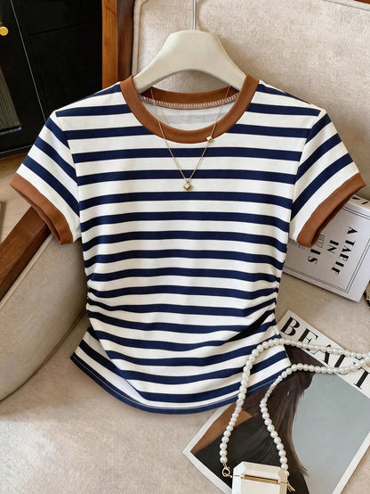 Franclia Women's Striped Round Neck Short Sleeve T-Shirt, Suitable For Back To School Season, Teacher's Day