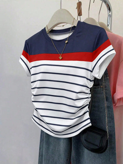Franclia Women's Striped Round Neck Short Sleeve T-Shirt, Suitable For Back To School Season, Teacher's Day