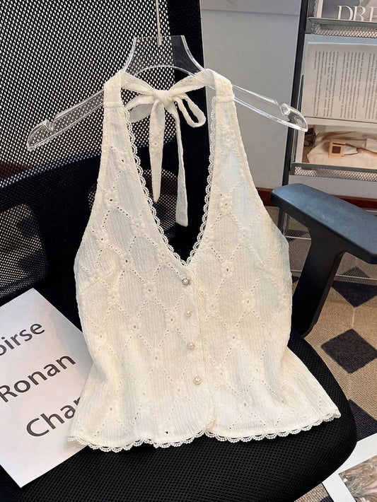 Franclia Women's Summer Elegant Lace Halter Top, Tight Fitting Vest, Pearl Decor Patchwork Top For Tea Party, Beach Holiday Bohemian Style
