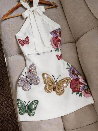 Franclia Women's White Printed Digital Print Back Lace-Up Back Tie Elegant Vacation Casual Versatile New 2026 Summer Dress Short Bodycon Sexy Butterfly Pattern Home Beach Sand Dating Garden