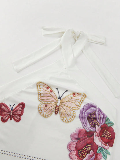 Franclia Women's White Printed Digital Print Back Lace-Up Back Tie Elegant Vacation Casual Versatile New 2026 Summer Dress Short Bodycon Sexy Butterfly Pattern Home Beach Sand Dating Garden