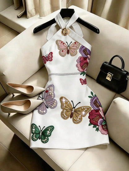 Franclia Women's White Printed Digital Print Back Lace-Up Back Tie Elegant Vacation Casual Versatile New 2026 Summer Dress Short Bodycon Sexy Butterfly Pattern Home Beach Sand Dating Garden