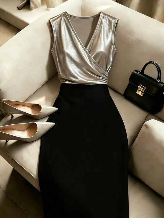 Franclia Women Summer Velvet Color-Blocked Midi Skirt,Cinched Waist Ruffled Hem Slit,Elegant Black Silver Dress For Autumn Dining,French Retro Business Wear