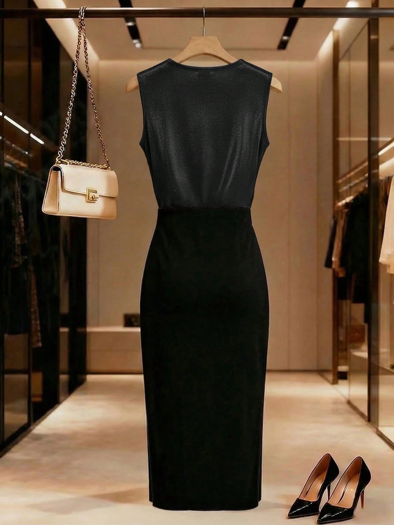 Franclia Women Summer Velvet Color-Blocked Midi Skirt,Cinched Waist Ruffled Hem Slit,Elegant Black Silver Dress For Autumn Dining,French Retro Business Wear