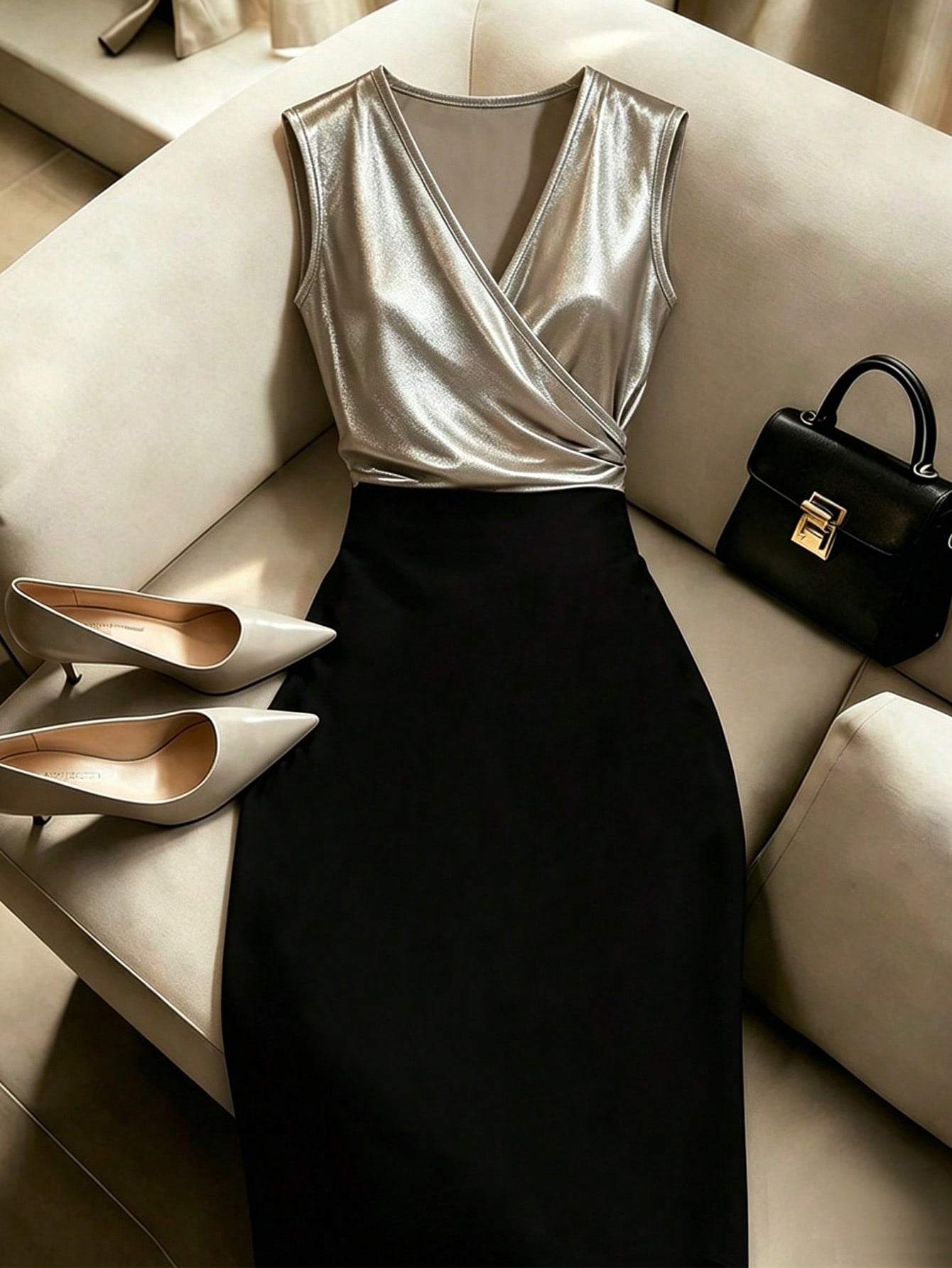 Franclia Women Summer Velvet Color-Blocked Midi Skirt,Cinched Waist Ruffled Hem Slit,Elegant Black Silver Dress For Autumn Dining,French Retro Business Wear
