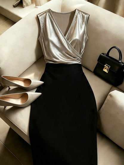Franclia Women Summer Velvet Color-Blocked Midi Skirt,Cinched Waist Ruffled Hem Slit,Elegant Black Silver Dress For Autumn Dining,French Retro Business Wear