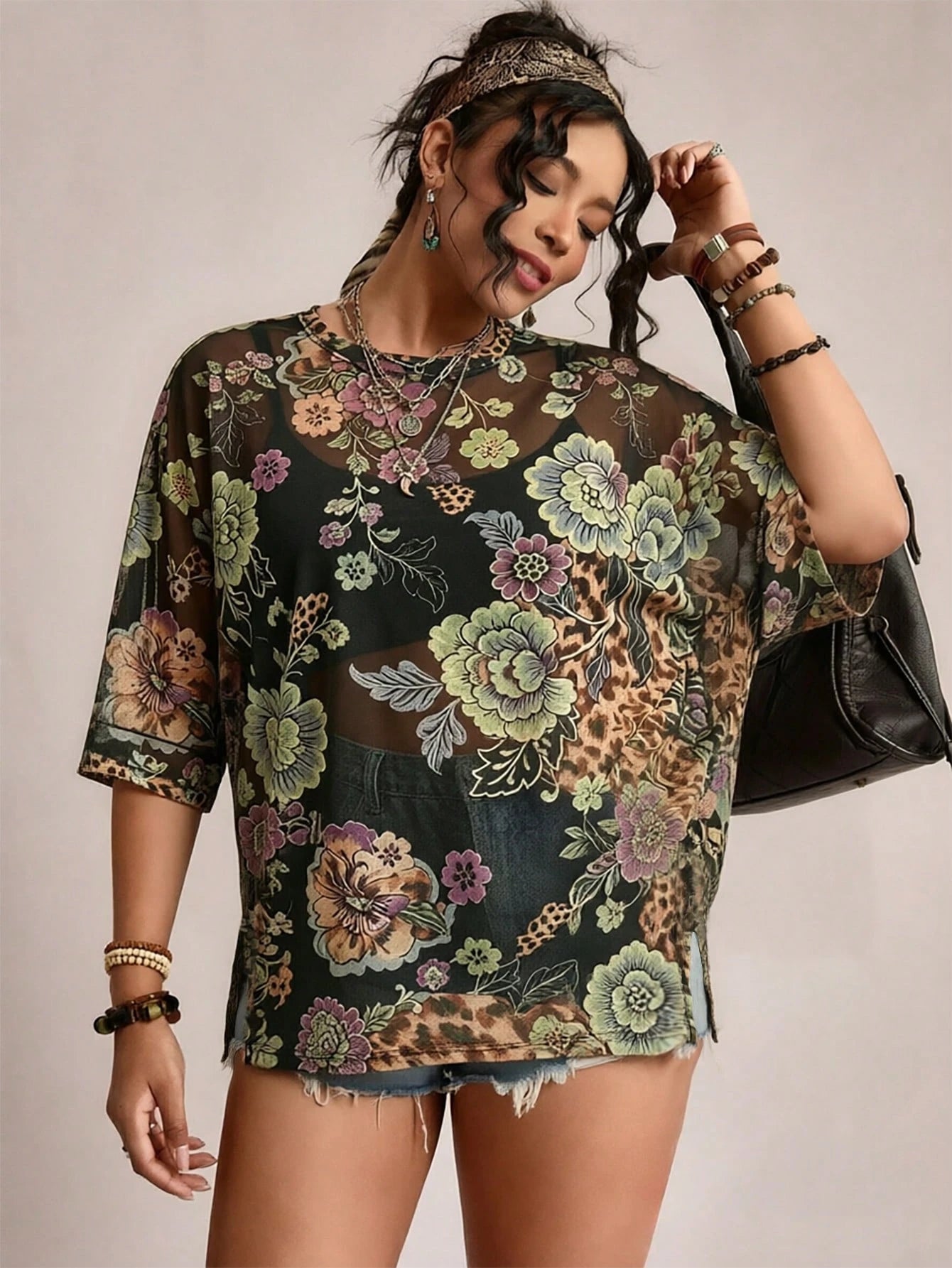 Freevana Plus Size Women's Printed Top Casual Boho Simple Floral Pattern Suitable For Summer Vacation Black