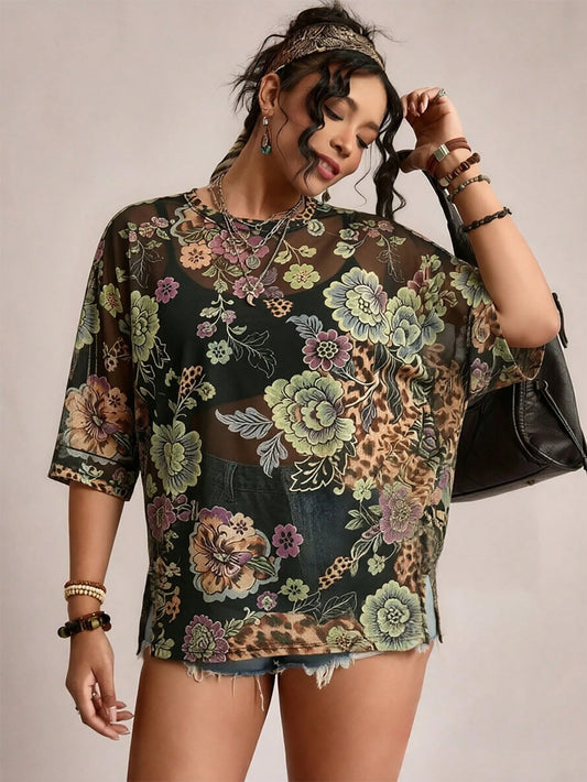 Freevana Plus Size Women's Printed Top Casual Boho Simple Floral Pattern Suitable For Summer Vacation Black
