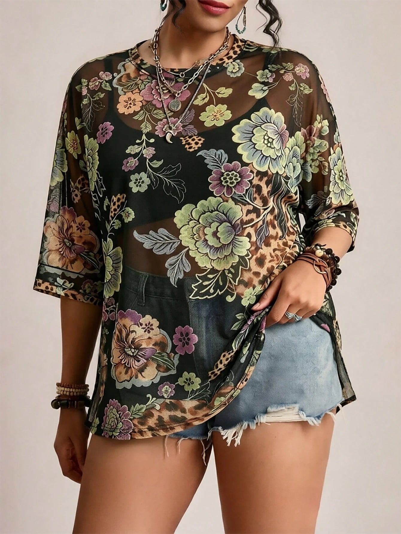Freevana Plus Size Women's Printed Top Casual Boho Simple Floral Pattern Suitable For Summer Vacation Black