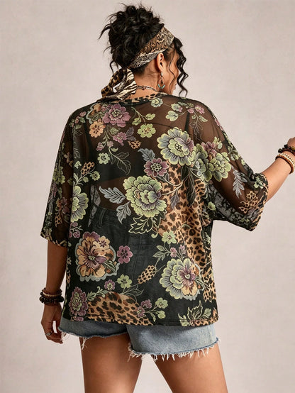 Freevana Plus Size Women's Printed Top Casual Boho Simple Floral Pattern Suitable For Summer Vacation Black