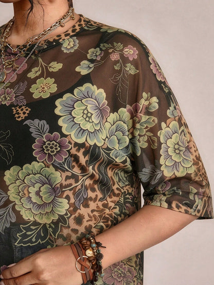 Freevana Plus Size Women's Printed Top Casual Boho Simple Floral Pattern Suitable For Summer Vacation Black